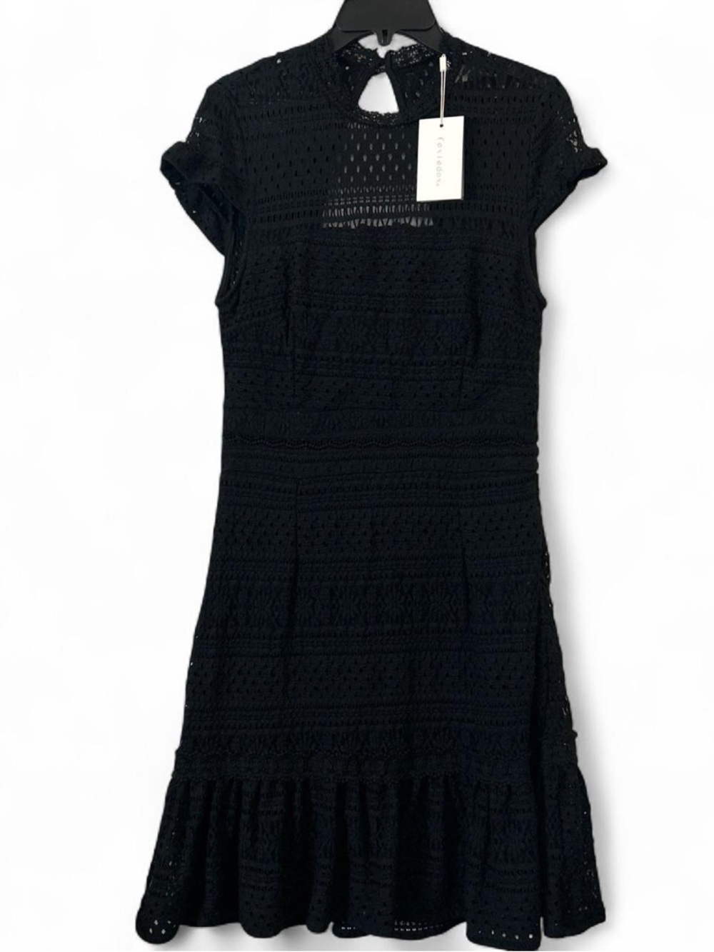 foxiedox Black Lace Midi Dress with Ruffle Hem and large open back cutout.